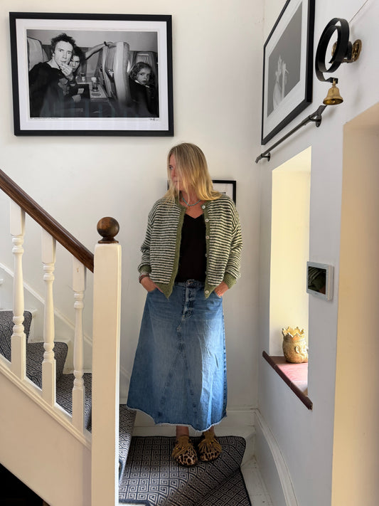 Copenhagen Cardigan in Green – front view of women's striped knitted cardigan
